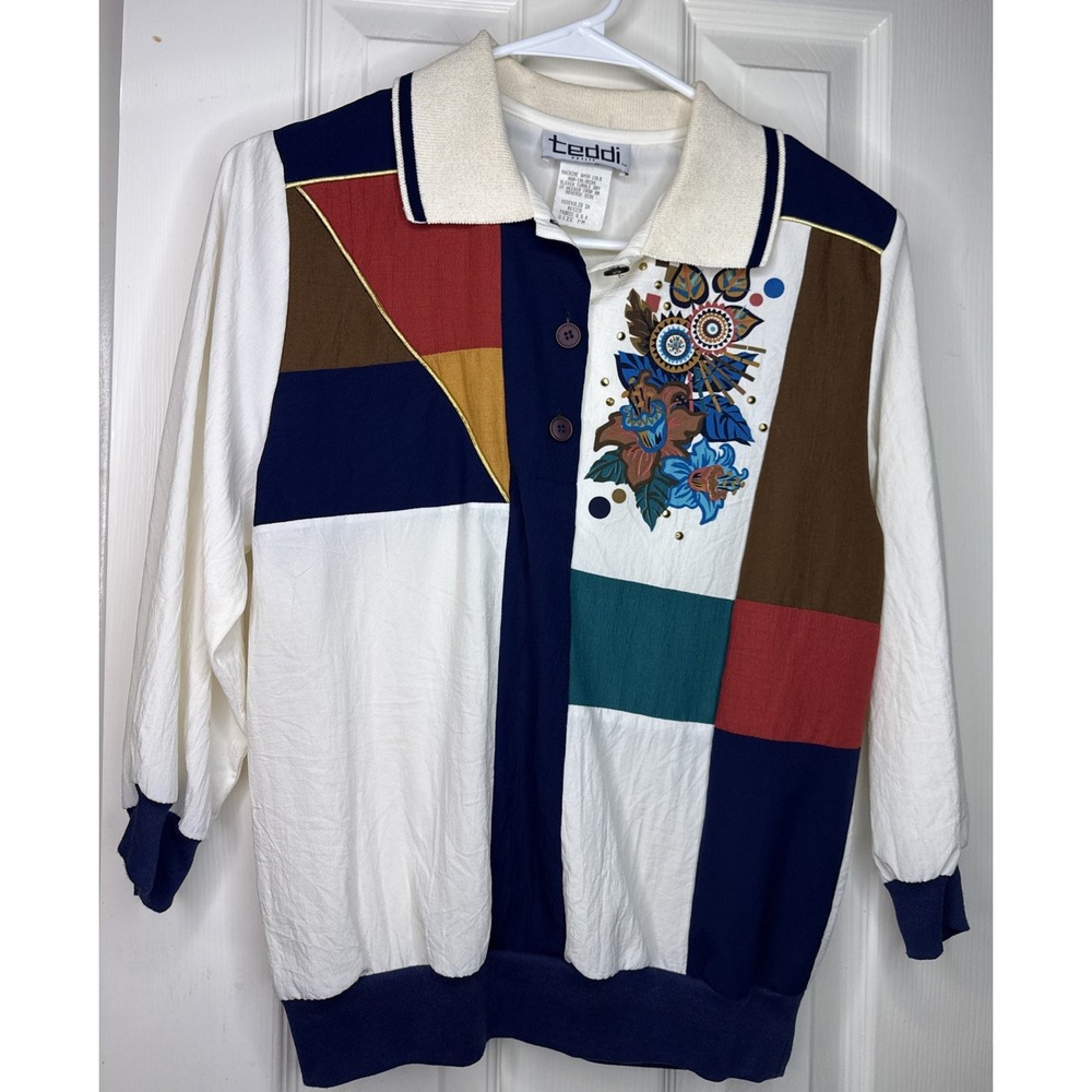 Vtg Teddi Blouse Grandmacore Patchwork Collared Windbreaker Petite M Floral